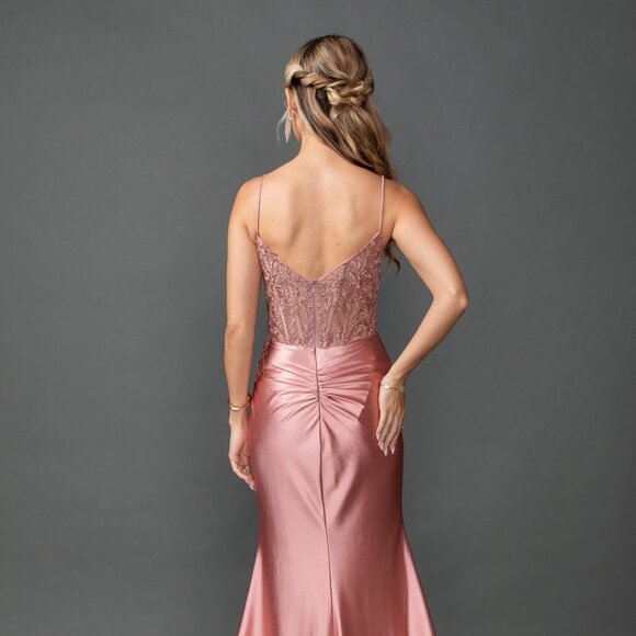 New Soft Satin Graduation Gown w/ Corset Lace Bodice & Draped V-Neck DQ 4537 - Picture 6 of 8